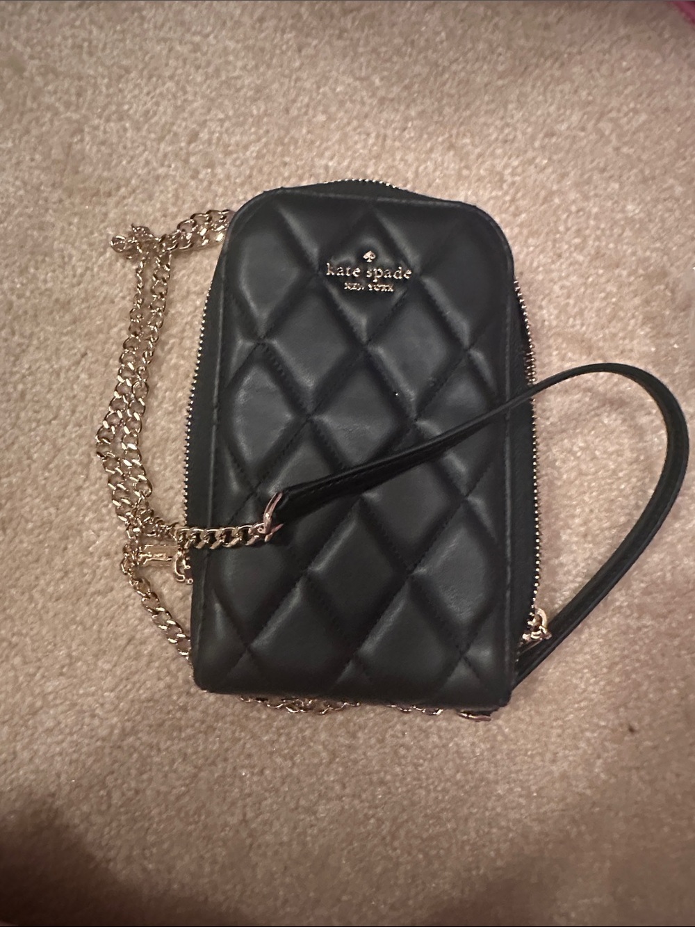 kate spade Black Quilted Crossbody Phone Pouch with Gold Chain